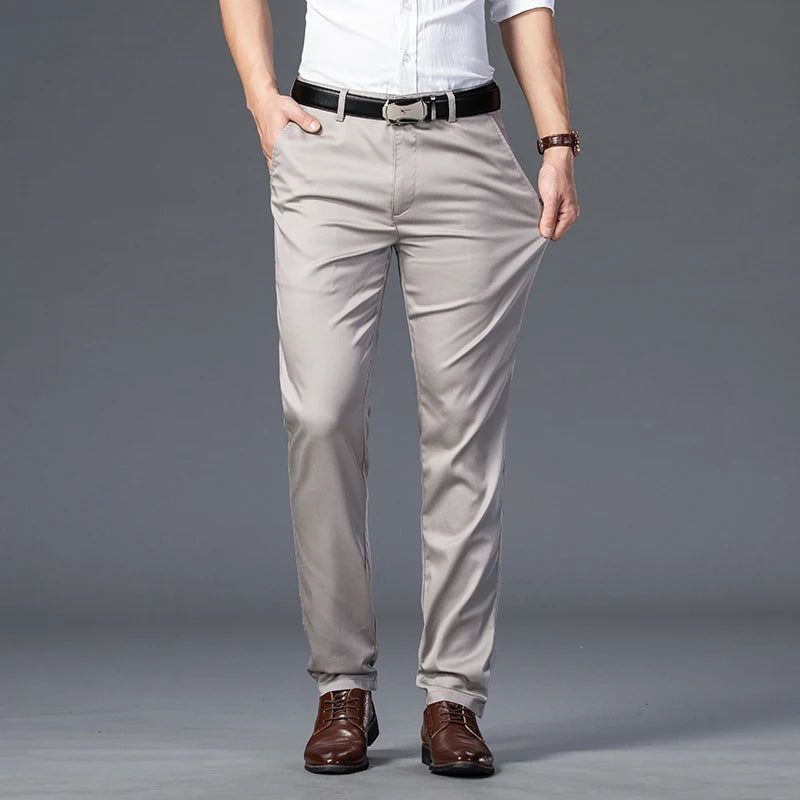 Men's Lightweight Summer Slim-Fit Suit Trousers – Business Casual Cotton Pants in Green, Black, and Khaki (Sizes 30–40)
