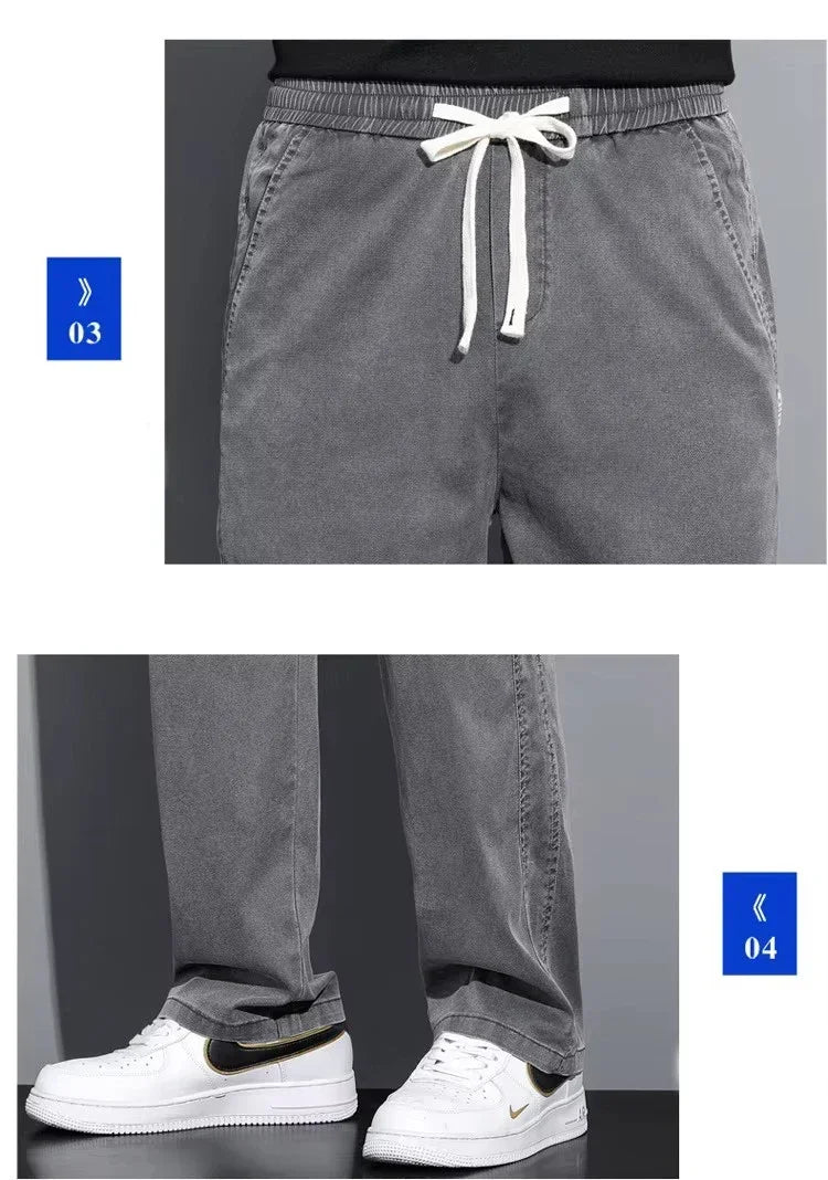 2025 Summer Men's Lightweight Lyocell Jeans – Loose Fit, Straight-Leg Casual Pants with Elastic Waist and Drawstring, Korean Style 