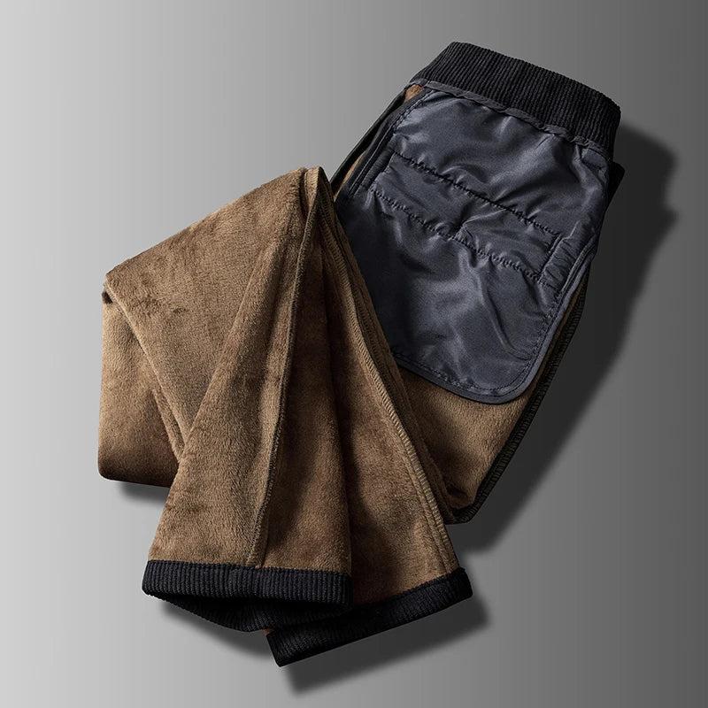 2024 New Men’s Winter Fleece-Lined Corduroy Pants – Slim Fit, Stretchy, Thickened Casual & Business Trousers in Gray & Khaki