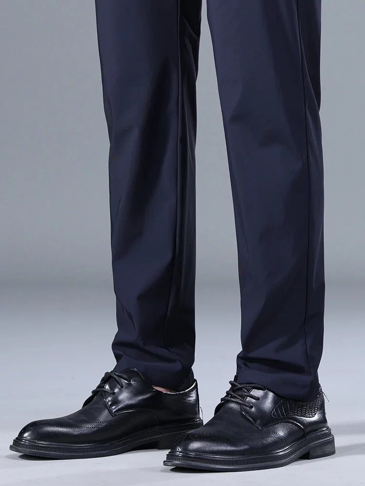 Men's Summer Classic Stretch Suit Trousers – Lightweight Business Casual Pants with Elastic Waist in Black, Gray, or Blue