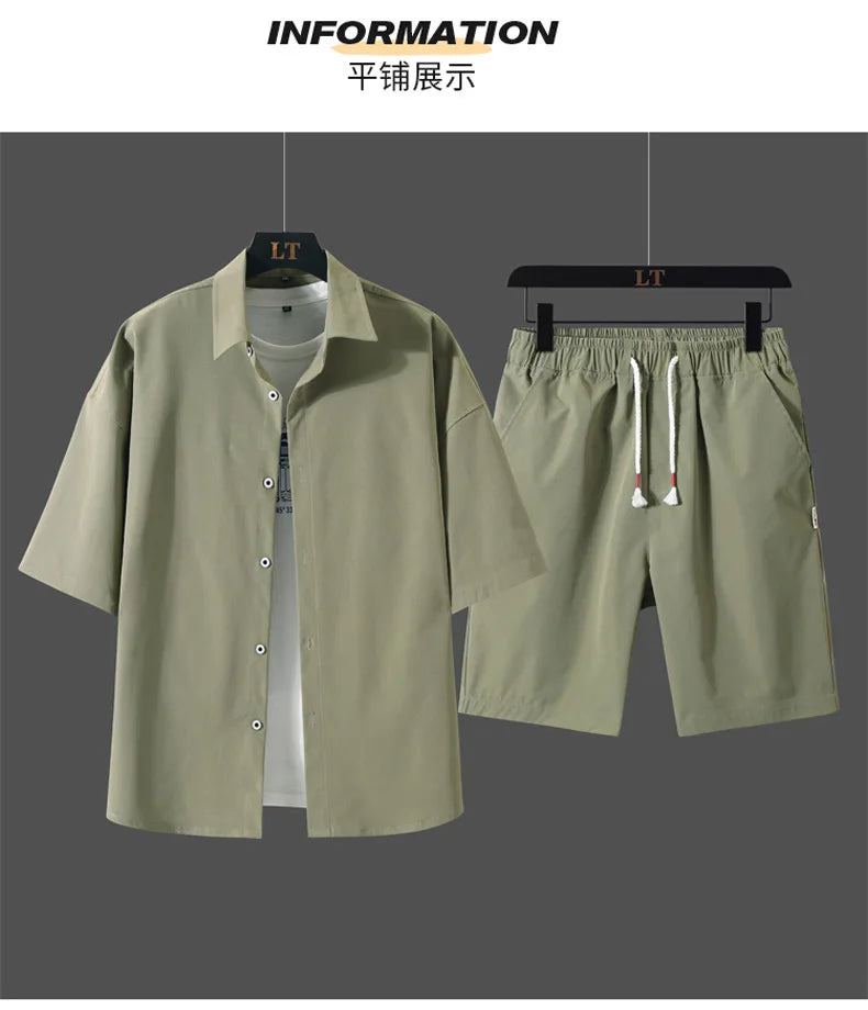2025 Trendy Korean-Style Men's Summer Outfit – Casual Two-Piece Set Featuring Short Sleeve Shirt & Matching Shorts, Stylish High Street Look for Daily & Streetwear Fashion