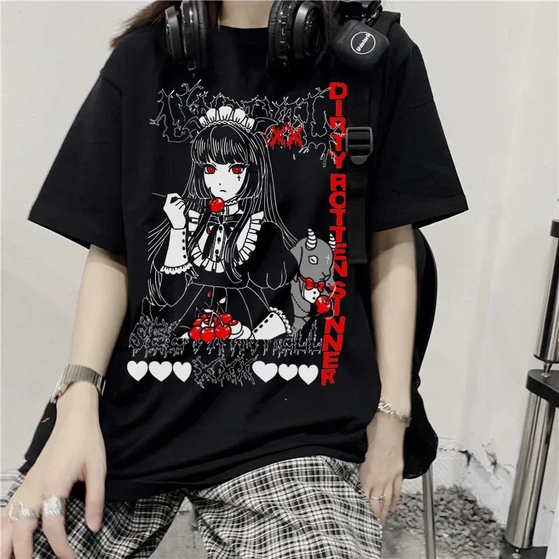 Women's Gothic Harajuku Loose T-Shirt – Aesthetic Dark Grunge Y2K Streetwear Top