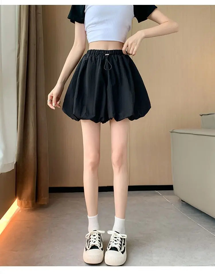 Women's High-Waist Lantern Shorts – Casual Summer Streetwear with Pockets, Relaxed Fit for Students, Youth, and Everyday Wear