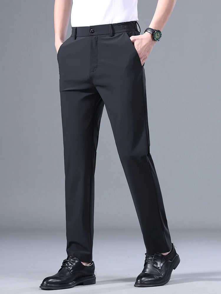Men's Summer Classic Stretch Suit Trousers – Lightweight Business Casual Pants with Elastic Waist in Black, Gray, or Blue