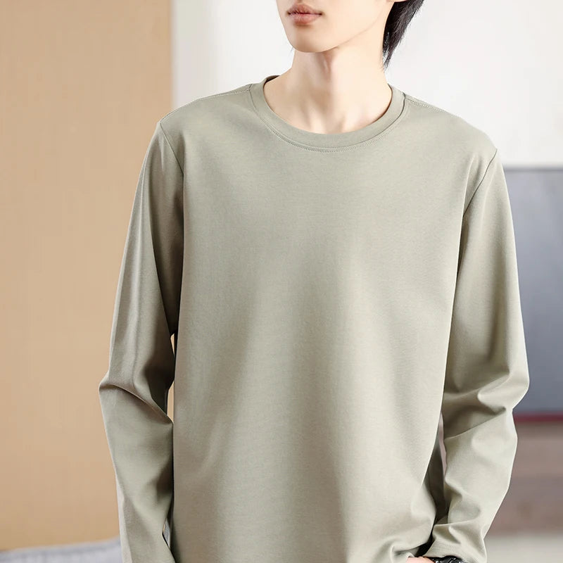 Men's Summer Long Sleeve T-shirt – Solid Color, Round Neck, Casual Style, Made from Mercerized Cotton