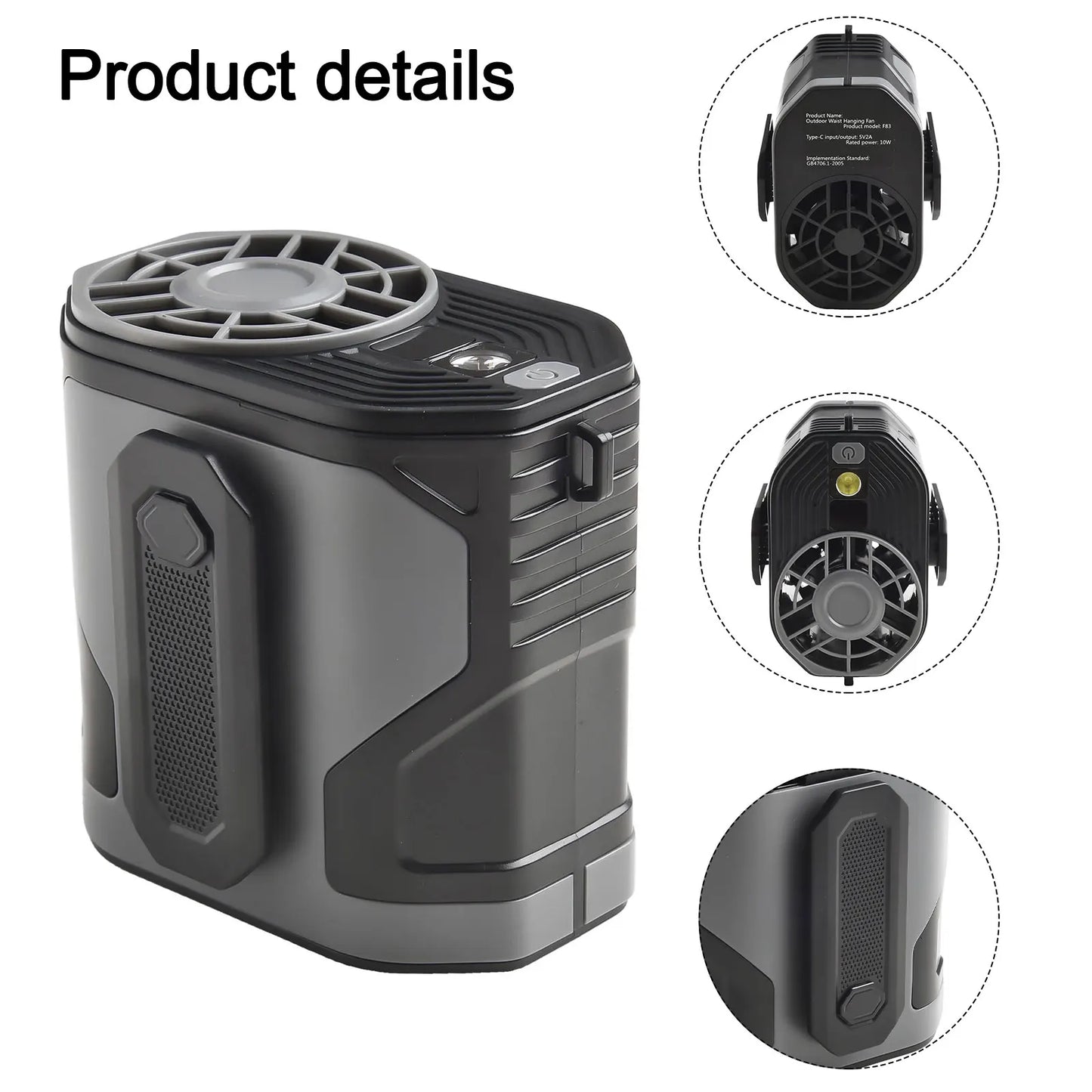 Portable Waist Clip Fan with Adjustable Speeds & LED Light – Hands-Free Cooling for Outdoor Activities