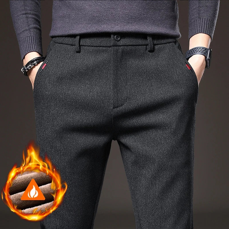 Men's Winter Fleece-Lined Slim Fit Pants – Thick Warm Straight-Leg Casual Business Trousers (Sizes 28-38)
