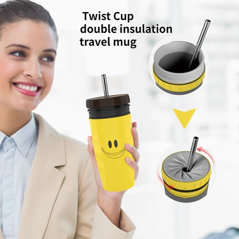 Portable Coffee Cup with Straw, Innovative Twist-On Lid Thermos Mug, Drinking Cup with Straw for Juice, Coffee, and Water, BPA-Free