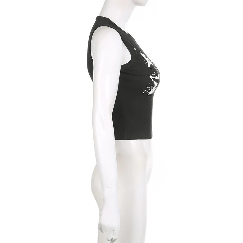 Y2K Ribbed Sleeveless Crop Tank Top for Women – Guitar Print Grunge Harajuku 90s Streetwear Casual Vest Tee