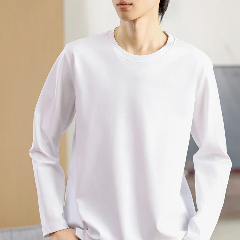 Men's Summer Long Sleeve T-shirt – Solid Color, Round Neck, Casual Style, Made from Mercerized Cotton