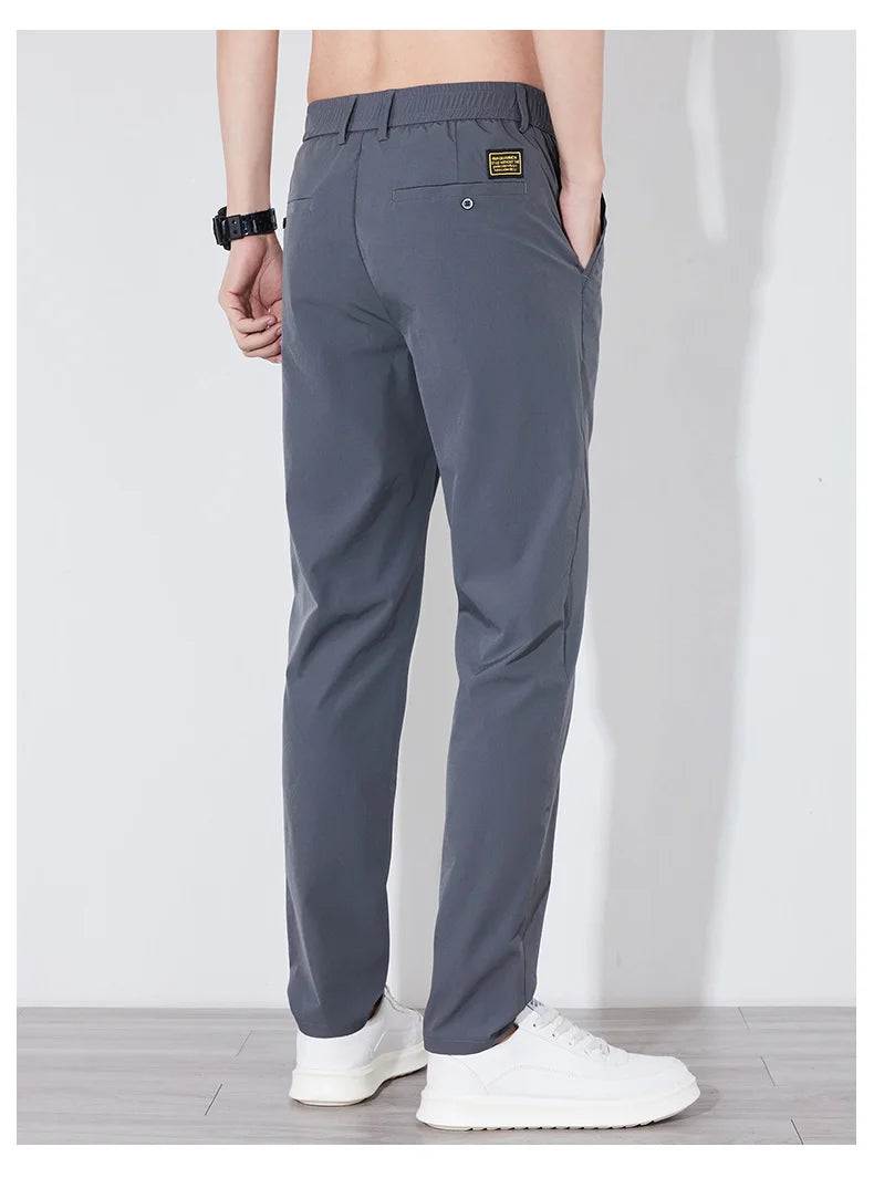 Men's Summer Silk-Feel Stretch Trousers – Lightweight Classic Business Casual Pants with Elastic Waist – Korean Style Smooth Suit Pants in Black or Gray