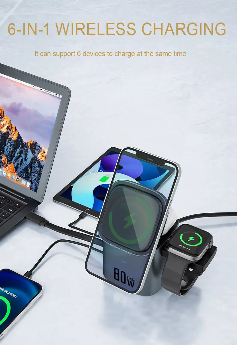 80W 6-in-1 GaN Fast Charger with Wireless Magnetic Adapter – Universal Multifunction Laptop Charging Hub (100-240V, 50/60Hz)