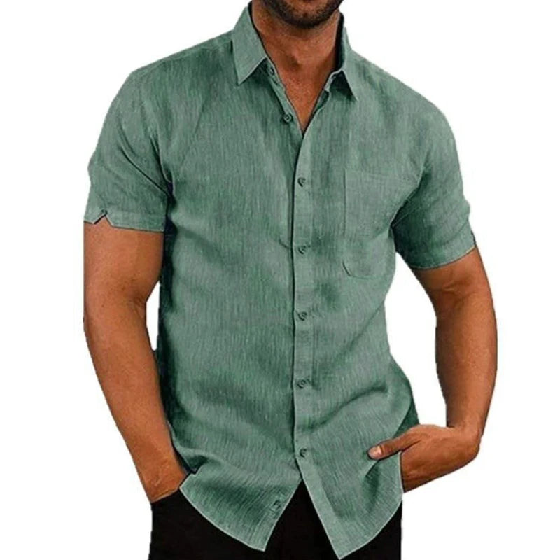 Men’s Summer Cotton Linen Short Sleeve Shirt – Casual & Formal Business Blouse, Lightweight Breathable Top