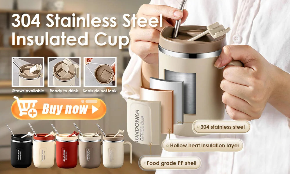 Portable Coffee Cup with Straw, Innovative Twist-On Lid Thermos Mug, Drinking Cup with Straw for Juice, Coffee, and Water, BPA-Free