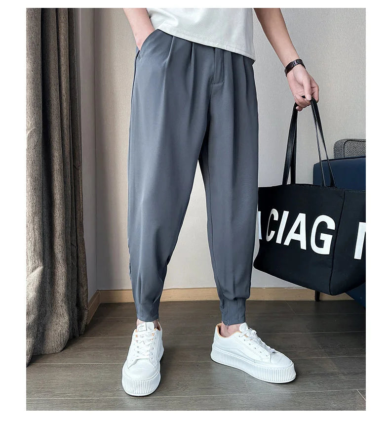 Men’s Spring & Summer Casual Solid Color Ice Silk Trousers — Korean Style Slim Ankle Pants with Zipper Detail, Smooth & Lightweight for a Handsome Look