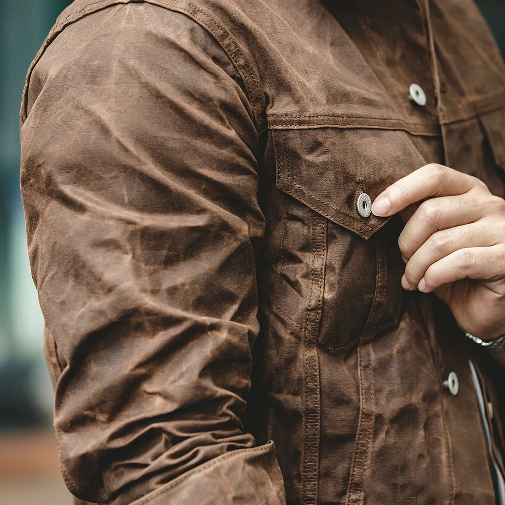 Maden Men's Retro Amekaji Style Oil-Waxed Canvas Jacket – Lightweight Military-Inspired Workwear Coat in Khaki Cotton for Casual and Safari Looks