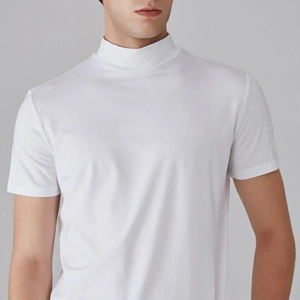 Slim Fit Men’s Half-Turtleneck T-Shirt – Casual Summer Short Sleeve, Solid Color, Elastic and Lightweight Pullover Tee