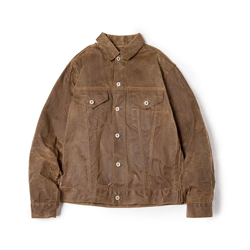 Maden Men's Retro Amekaji Style Oil-Waxed Canvas Jacket – Lightweight Military-Inspired Workwear Coat in Khaki Cotton for Casual and Safari Looks
