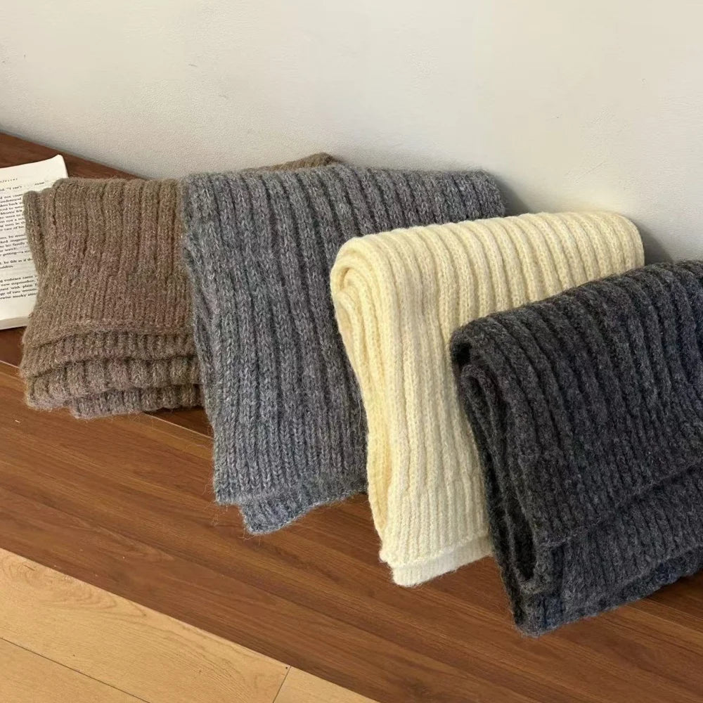 High-End Korean Style Thick Knit Scarf for Women – Warm Woolen Solid Color Winter & Autumn Wrap