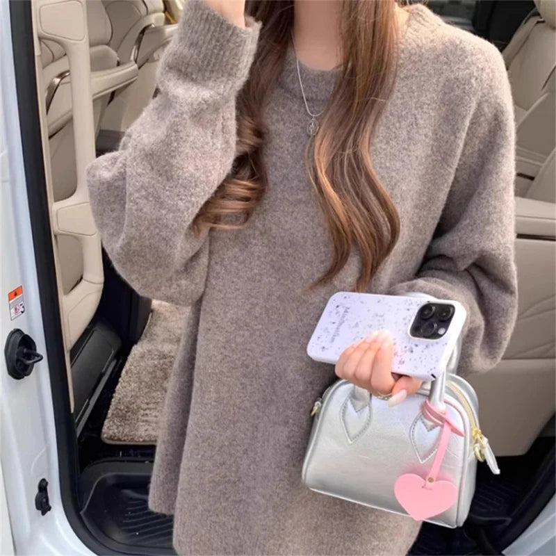 Korean Style Mid-Length Loose Knit Sweater for Women – Casual Solid O-Neck Pullover for Autumn/Winter Streetwear
