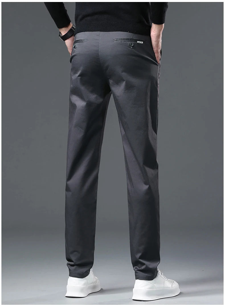 Men’s Classic Straight-Leg Cotton Trousers – 98% Cotton, Breathable Business Casual Pants with Elastic Comfort – Ideal for Spring & Summer