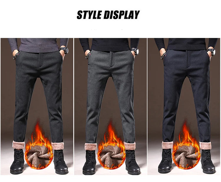 Men's Winter Fleece-Lined Slim Fit Pants – Thick Warm Straight-Leg Casual Business Trousers (Sizes 28-38)