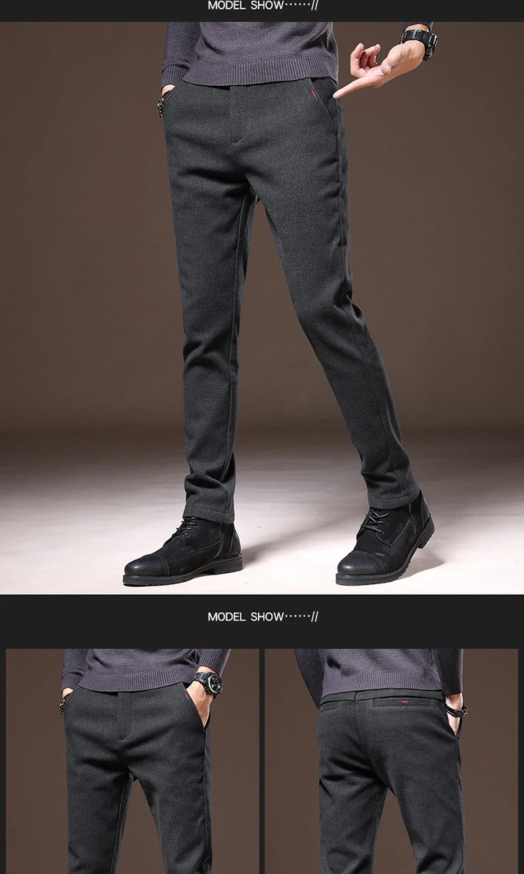 Men's Winter Fleece-Lined Slim Fit Pants – Thick Warm Straight-Leg Casual Business Trousers (Sizes 28-38)