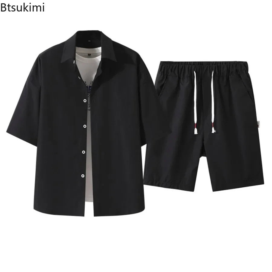 2025 Trendy Korean-Style Men's Summer Outfit – Casual Two-Piece Set Featuring Short Sleeve Shirt & Matching Shorts, Stylish High Street Look for Daily & Streetwear Fashion
