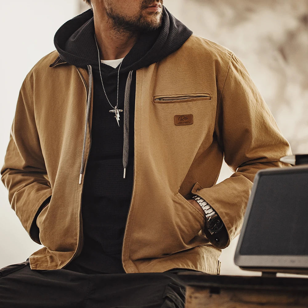 Maden Retro Interstellar J001 Canvas Detroit Hunting Jacket – Heavy-Duty Work Coat with Lapel Collar and Multiple Pockets