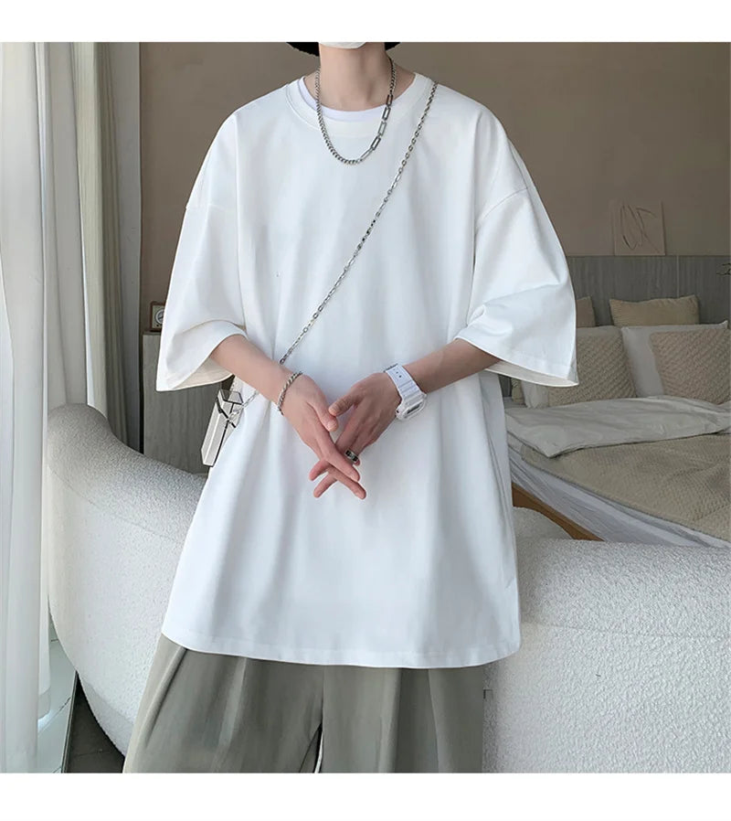 Men’s Oversized White Cotton T-Shirt – Solid Color Summer Casual Fashion Tee, Size up to 5XL