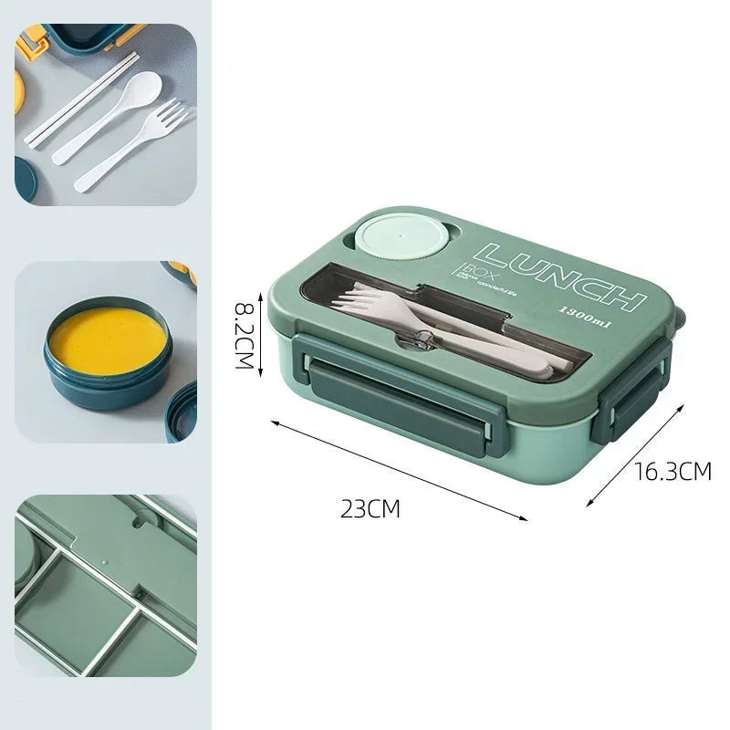 1300ML 4-Compartment Bento Lunch Box with Cutlery – Microwave & Dishwasher Safe, Leakproof Food Container for School, Work & Adults