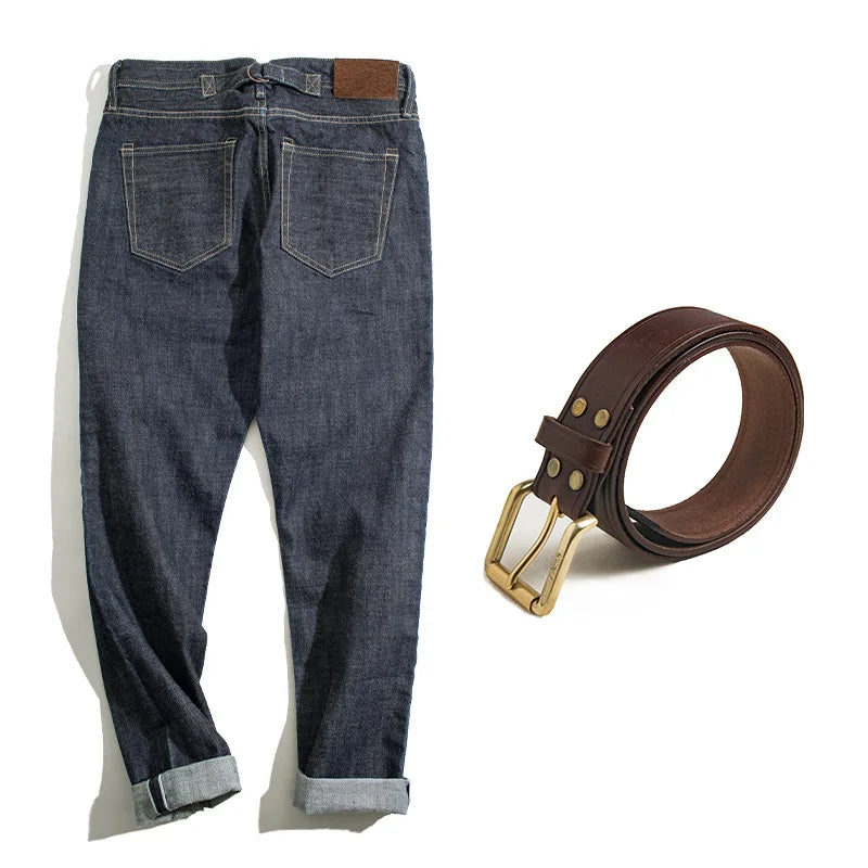 Maden 14oz Men's Vintage Selvedge Denim Jeans – Straight Fit with Horsehide Patch & Paris Buckle, Autumn/Winter Style