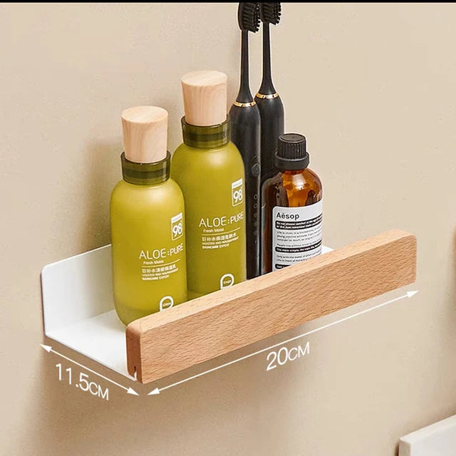No-Drill Wall-Mounted Solid Wood Corner Bathroom Shelf — Shower Storage Rack and Toilet Shampoo Holder