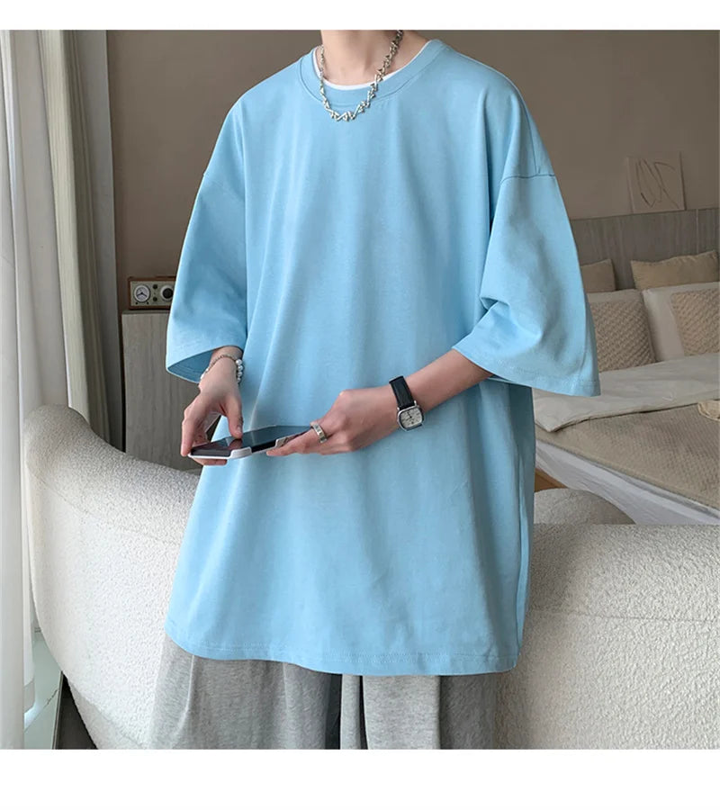 Men’s Oversized White Cotton T-Shirt – Solid Color Summer Casual Fashion Tee, Size up to 5XL