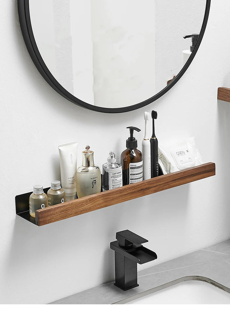 No-Drill Wall-Mounted Solid Wood Corner Bathroom Shelf — Shower Storage Rack and Toilet Shampoo Holder