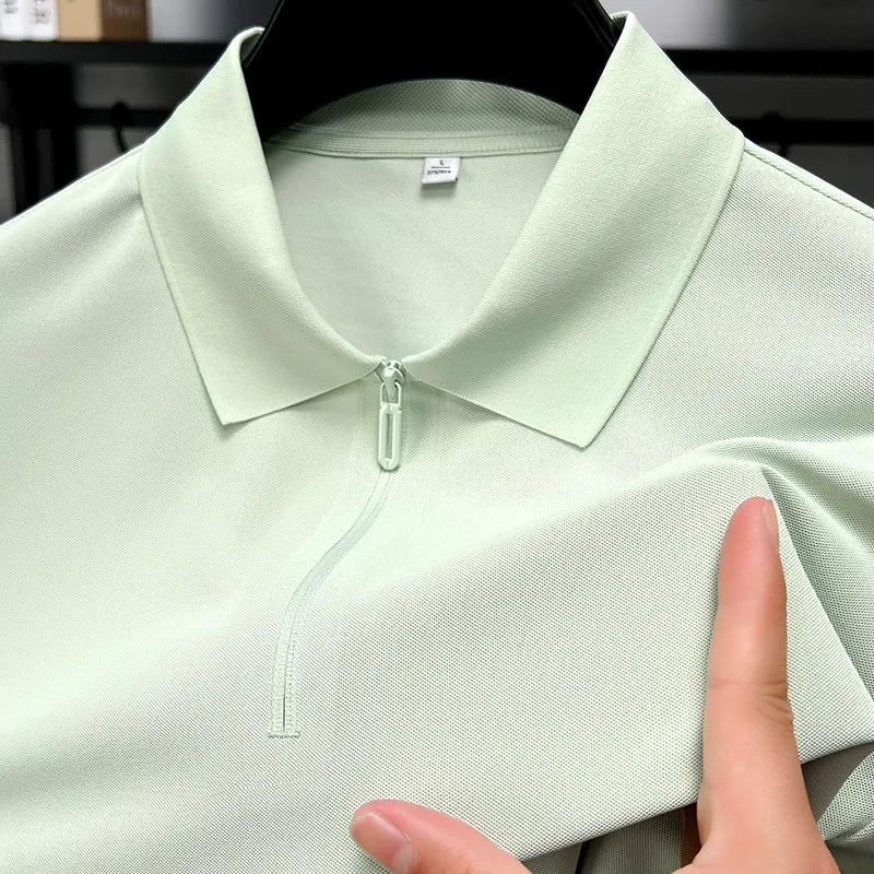 Men’s Slim Fit Half-Zip Polo Shirt – Light Beige Stretch Cotton Casual Top with Classic Collar