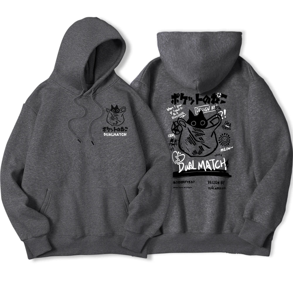 Y2K Harajuku Kawaii Cat Couple Print Hoodie – Unisex Oversized Fleece Pullover for Autumn, Warm Hip Hop Style Sweatshirt