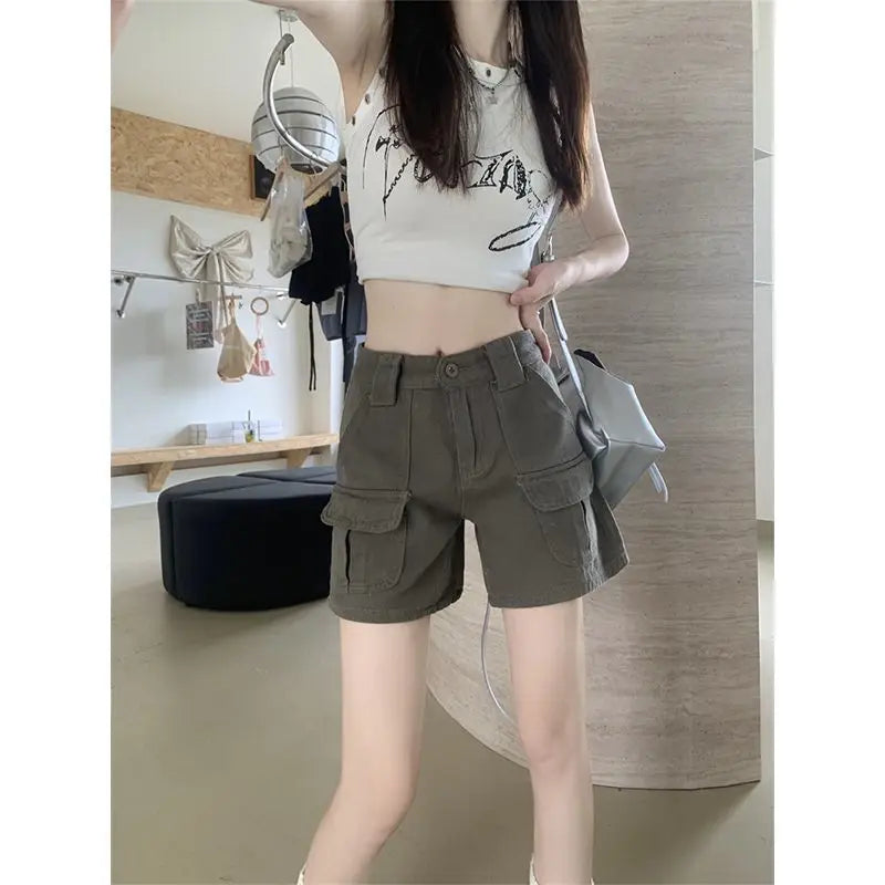 Women's Retro Mid-Waist Cargo Shorts – Casual Summer Streetwear with Pockets