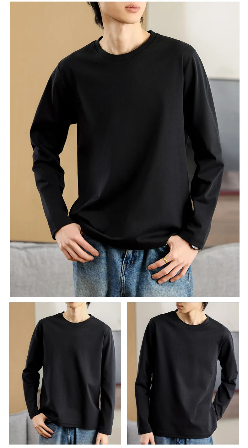 Men's Summer Long Sleeve T-shirt – Solid Color, Round Neck, Casual Style, Made from Mercerized Cotton