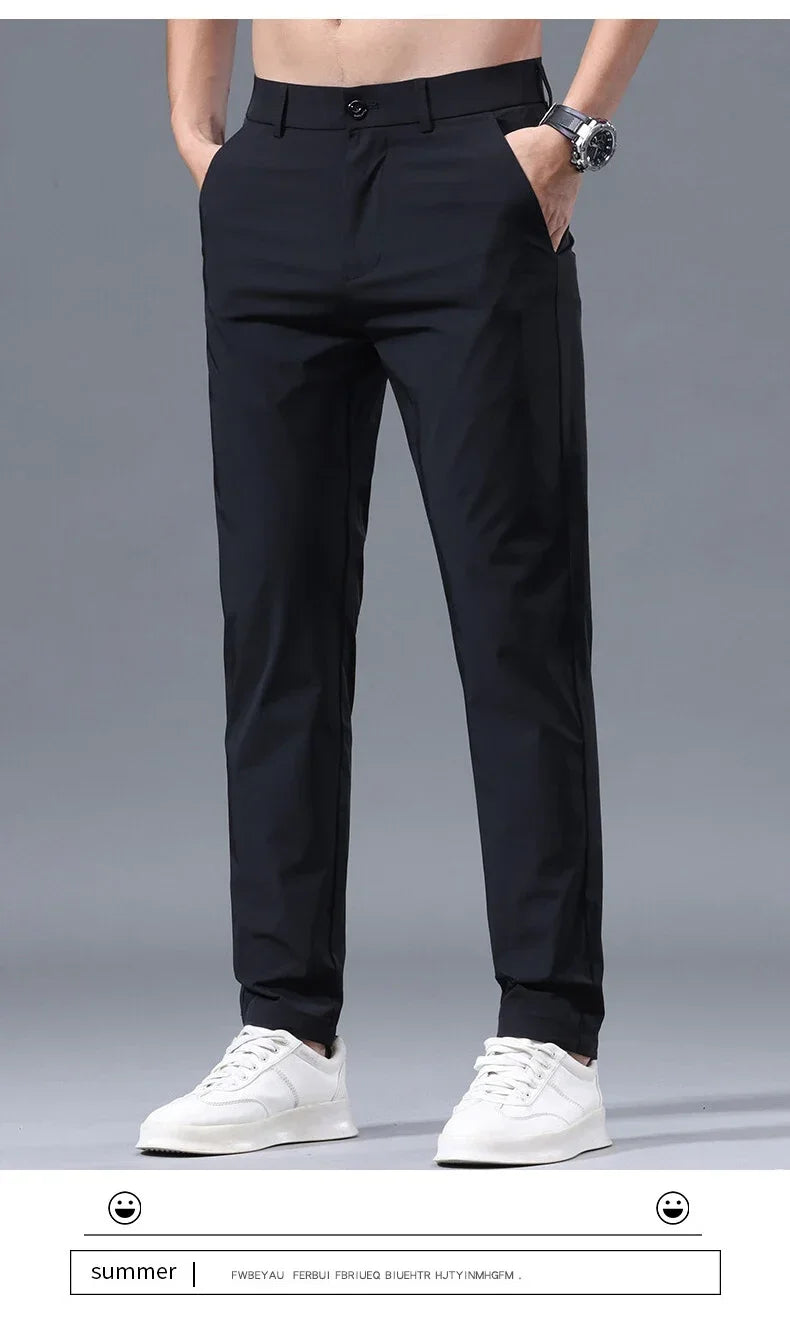 Men's Summer Lightweight Stretch Suit Pants – Slim Fit Korean Style Business Casual Trousers with Elastic Waist