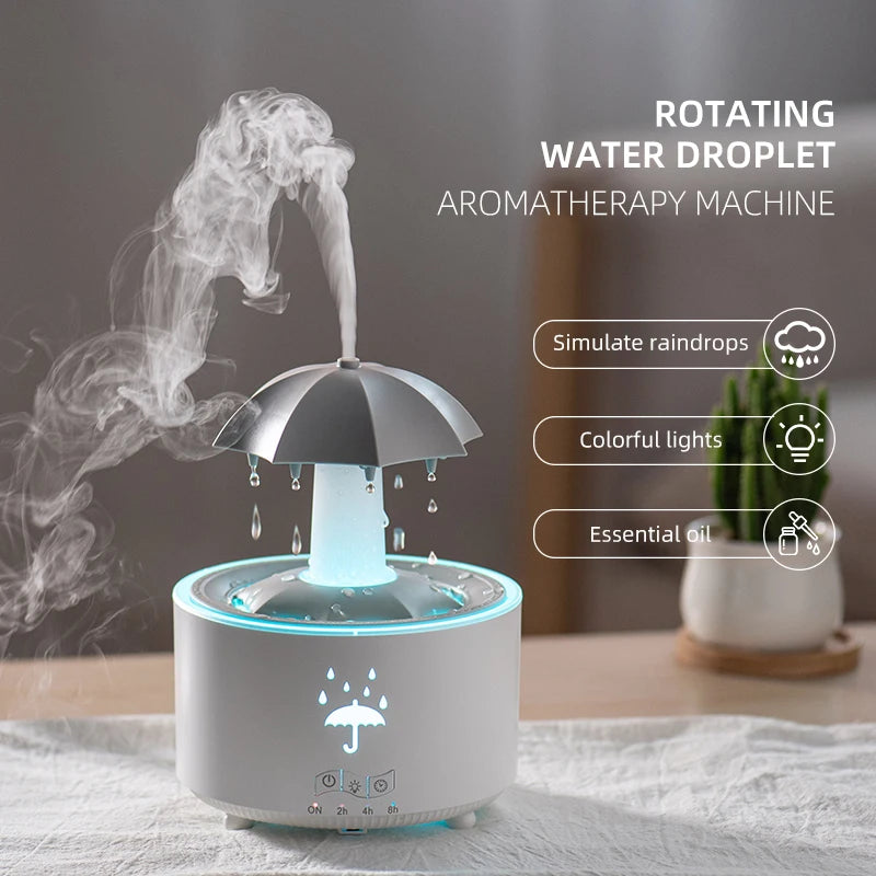 Cloud Rain Aroma Diffuser with Humidifier, Raindrop Design, Remote-Controlled Night Light, Desktop Water Fountain with Soothing Water Drop Sounds for Home Use
