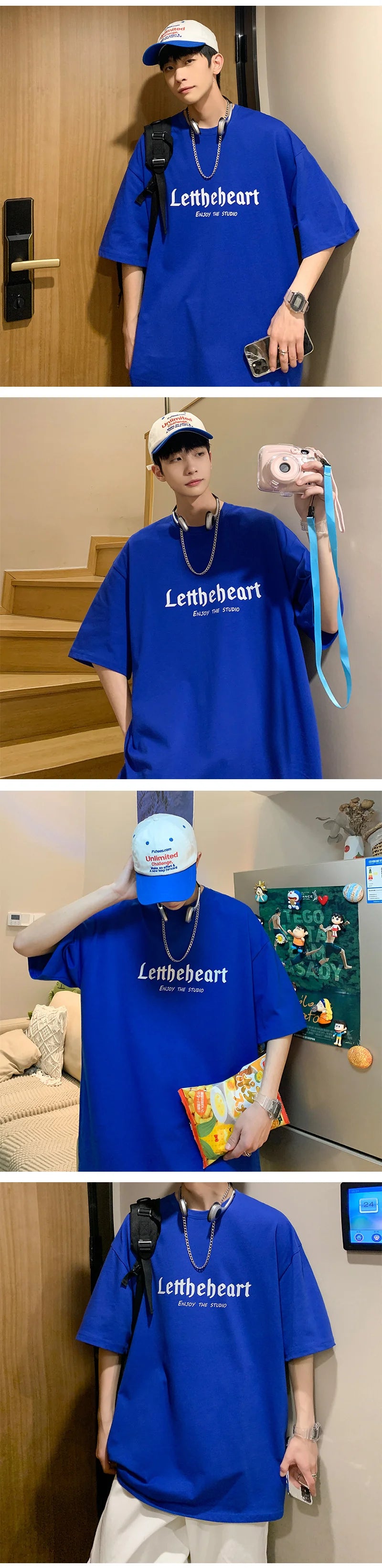 Men's Oversized Streetwear T-Shirt – Harajuku Style Graphic Tee with Gothic Letter Print – Vintage Hip Hop Punk Look for Summer – Casual Loose Fit in Blue 