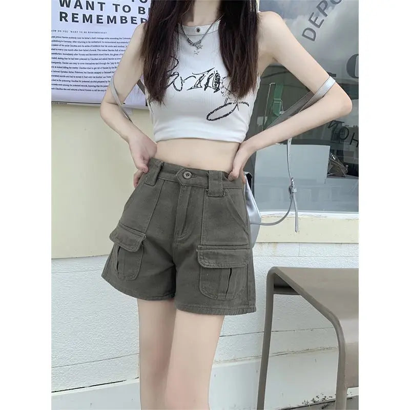 Women's Retro Mid-Waist Cargo Shorts – Casual Summer Streetwear with Pockets