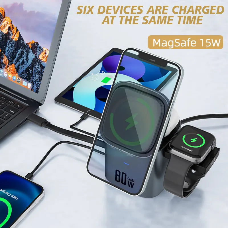 80W 6-in-1 GaN Fast Charger with Wireless Magnetic Adapter – Universal Multifunction Laptop Charging Hub (100-240V, 50/60Hz)