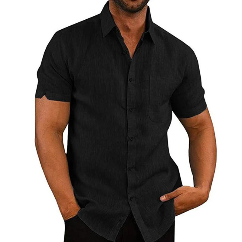 Men’s Summer Cotton Linen Short Sleeve Shirt – Casual & Formal Business Blouse, Lightweight Breathable Top
