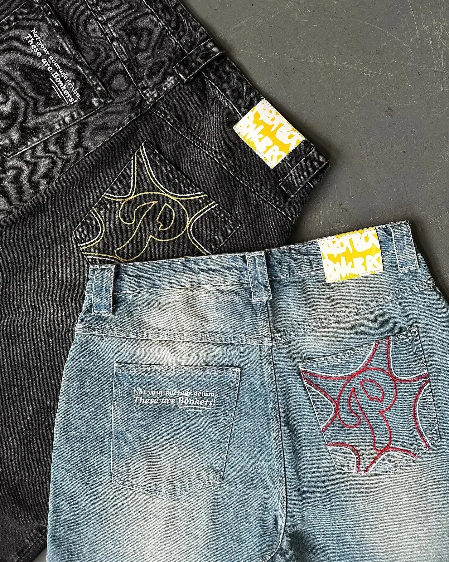 Streetwear PROTECT Embroidered Jeans for Men – Y2K Vintage Blue Baggy, High Waist, Wide Leg Harajuku Hip Hop Pants