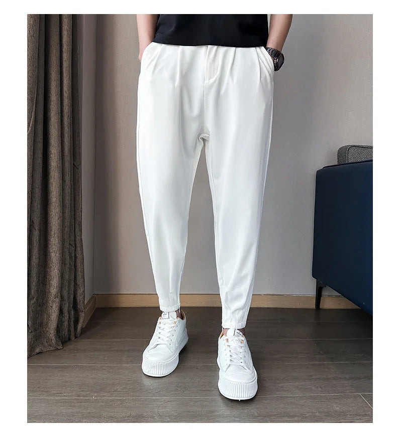 Men’s Spring & Summer Casual Solid Color Ice Silk Trousers — Korean Style Slim Ankle Pants with Zipper Detail, Smooth & Lightweight for a Handsome Look