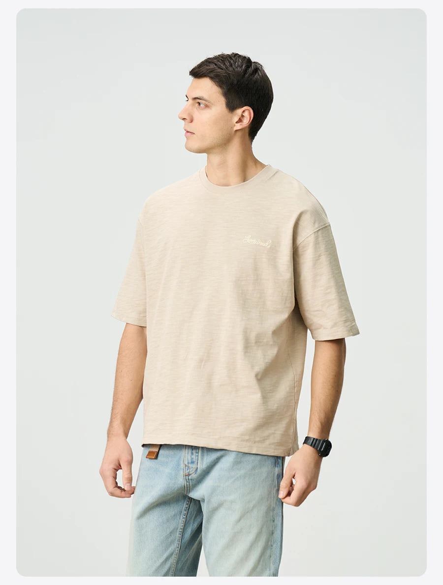 SIMWOOD 2025 Summer Oversized Heavyweight 300gsm Slub Cotton T-Shirt for Men with Letter Embroidery