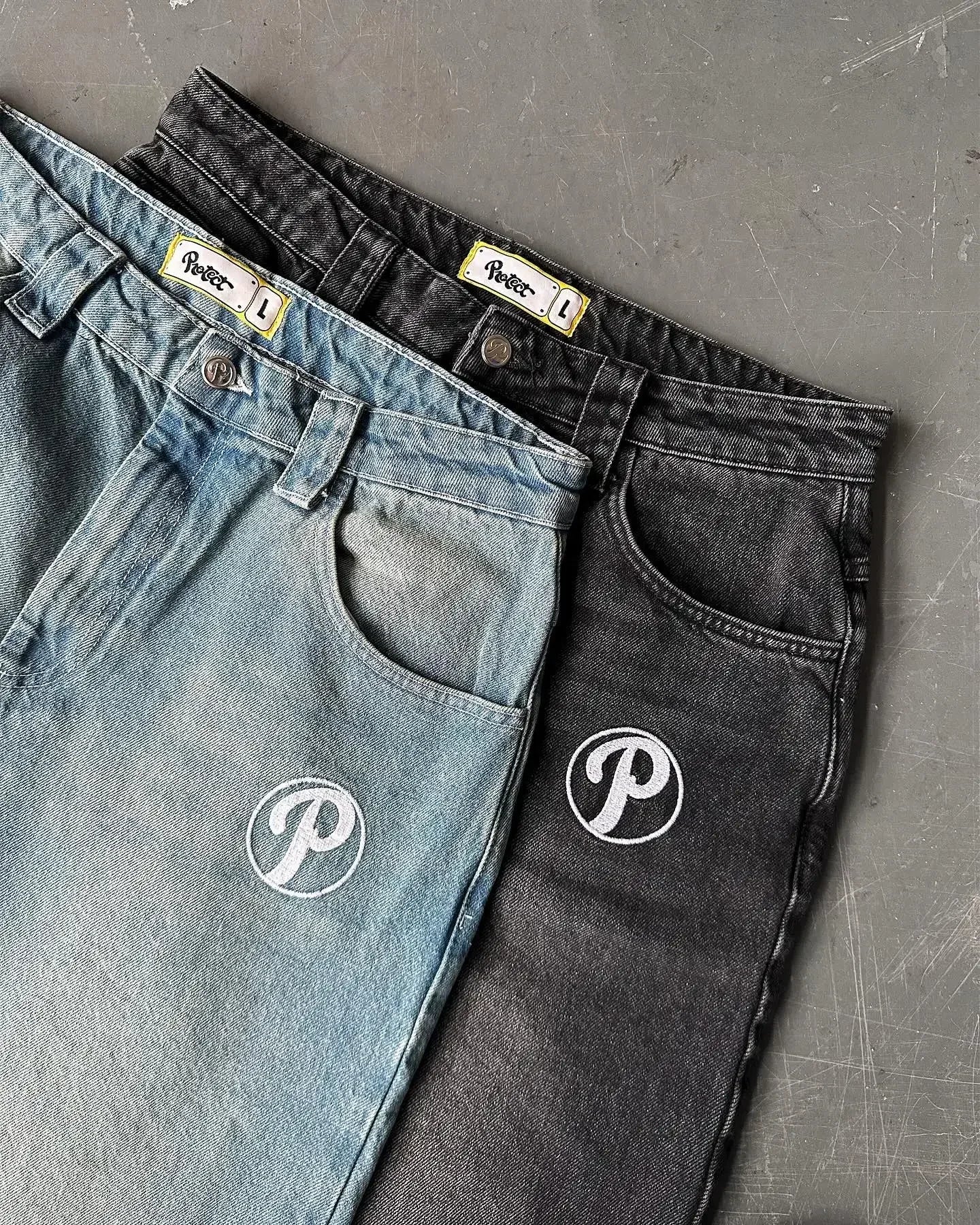 Streetwear PROTECT Embroidered Jeans for Men – Y2K Vintage Blue Baggy, High Waist, Wide Leg Harajuku Hip Hop Pants