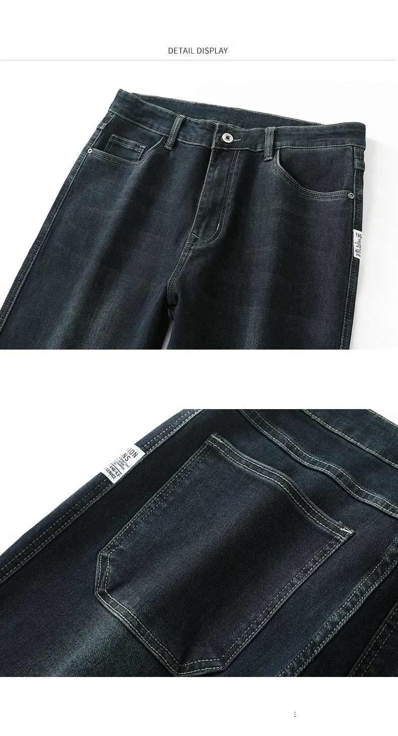2025 Spring Men's High-Waist Spliced Washed Denim Jeans – Loose Straight Fit Stretch Cotton Blend Casual Brand Trousers 